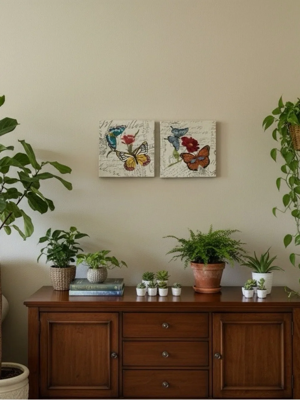 Butterfly Duo Wall Art - Neutral with Multicolor Embroidery Accents (Preowned)